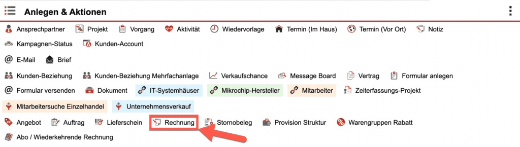 Screenshot des „Anlegen & Aktionen“-Bereichs eines Kundendatensatzes mit markiertem „Rechnung“-Button
