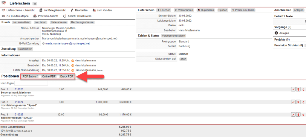 Screenshot während der Anlage eines Lieferscheins mit Markierung der Schaltflächen zur PDF- Ansicht