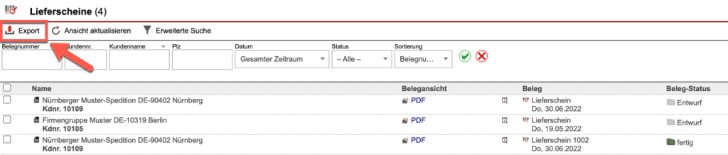 Screenshot der Übersichtsmaske „Lieferscheine“ mit markiertem „Export“-Button