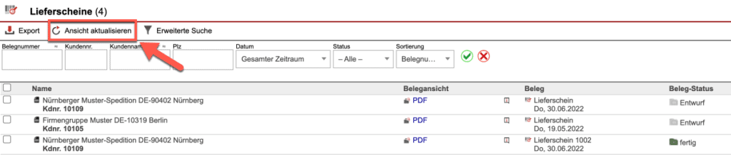 Screenshot der Übersicht aller Lieferscheine mit markiertem „Ansicht aktualisieren“-Button