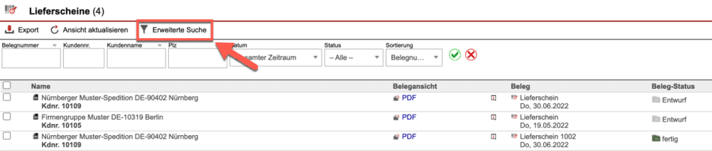 Screenshot der Belegübersicht mit markiertem „Erweiterte Suche“-Button