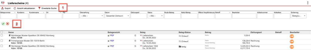 Screenshot der erweiterten Suchleiste im Bereich „Lieferscheine“ mit Markierung von zwei Bereichen