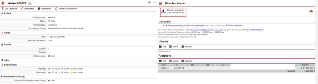 Screenshot bei der Anlage/Bearbeitung eines Artikels mit markiertem Bereich „Dateien hochladen“