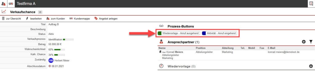 Screenshot geöffnete Verkaufschance mit markierten Prozess-Buttons