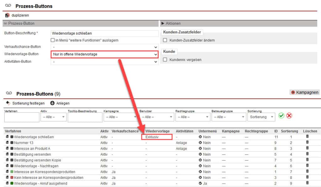 Screenshot geöffneter Anlagebereich eines Wiedervorlage-Prozess-Buttons mit markiertem Exklusiv-Modus