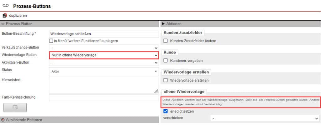 Screenshot geöffneter Anlagebereich eines Wiedervorlage-Prozess-Buttons mit markiertem ausgewähltem Exklusiv-Modus