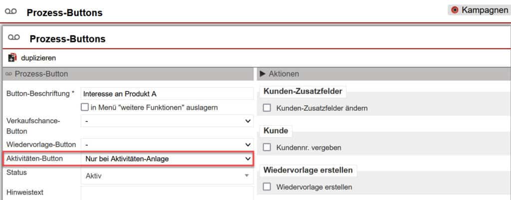 Screenshot geöffneter Bereich zur Anlage eines Prozess-Buttons mit ausgewählter Option zur Erstellung eines Aktivitäten-Buttons