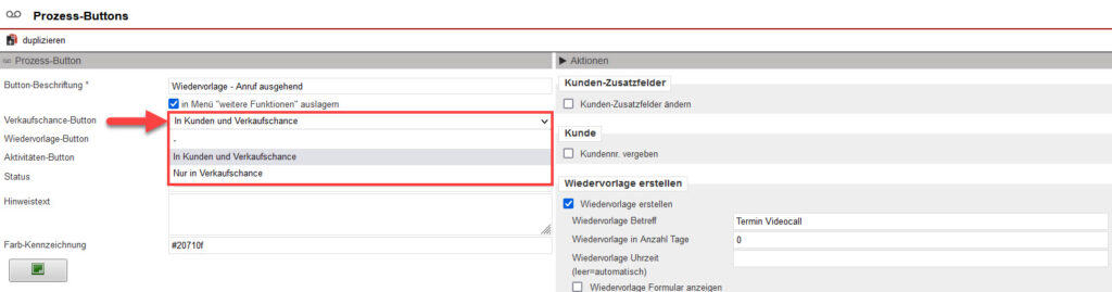 Screenshot geöffneter Einstellungsbereich für einen Prozess-Button am Beispiel einer Wiedervorlage mit markierter Option „Verkaufschance-Button“