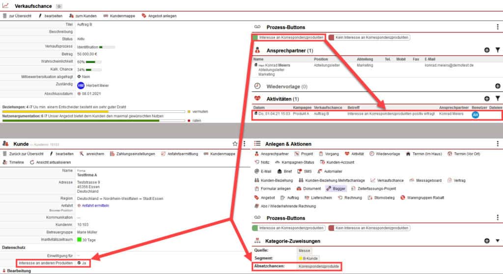 Screenshot geöffnete Verkaufschance mit verschiedenen Markierungen