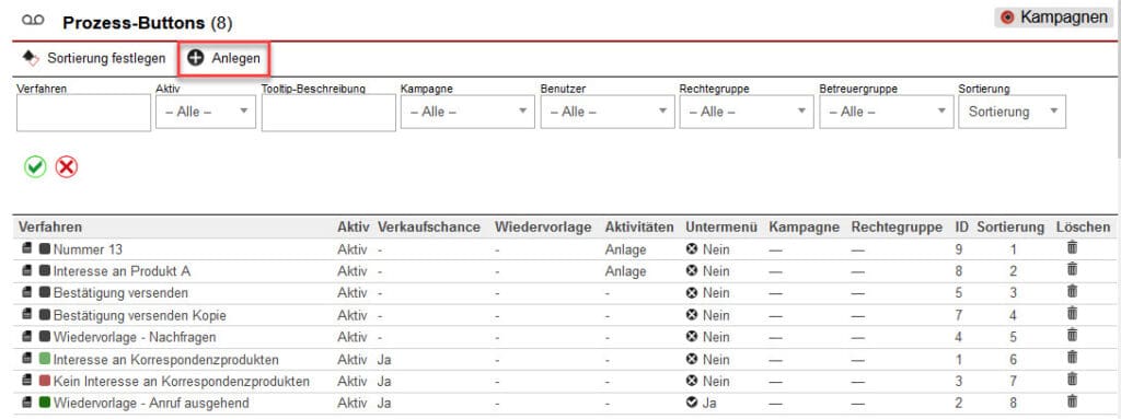 Screenshot geöffneter Einstellungsbereich „Prozess-Buttons“ mit markiertem Button zur Anlage eines neuen Prozess-Buttons