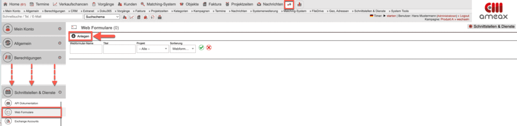 Screenshot der Ansicht des Einstellungsbereichs „Web Formulare“ mit verschiedenen Markierungen
