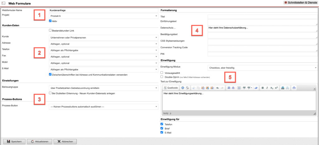 Screenshot der Bearbeitungsmaske eines Web Formulars mit verschiedenen numerischen Markierungen der Abschnitte