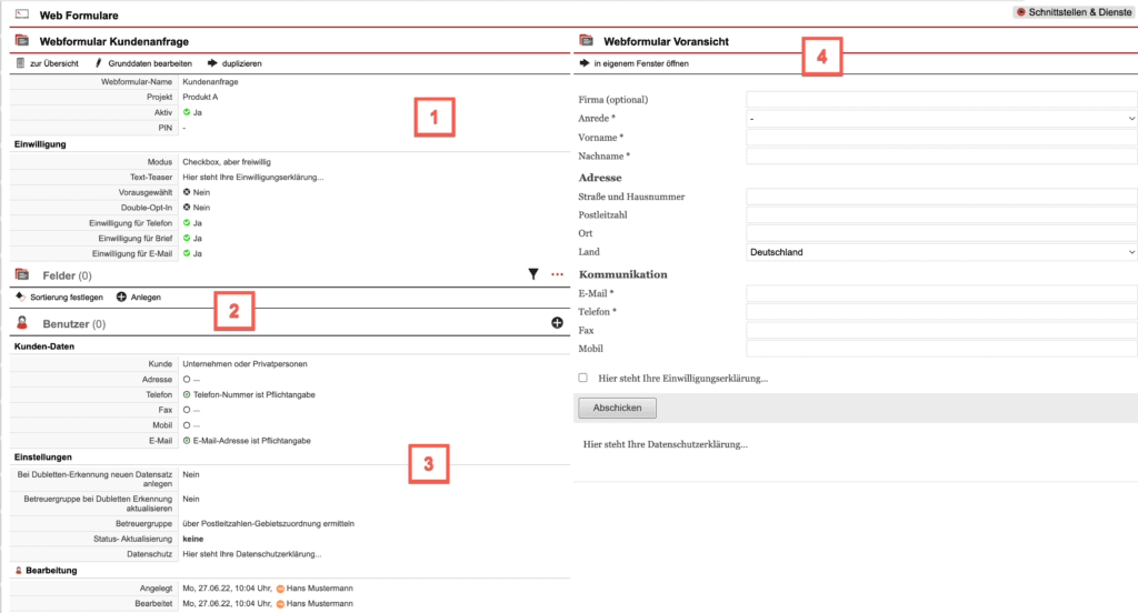 Screenshot der Ansicht eines Web Formulars mit verschiedenen numerischen Markierungen