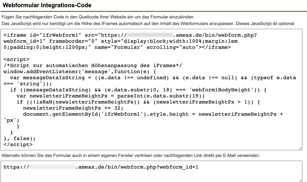 Screenshot des Bereichs Webformular Integrations-Code
