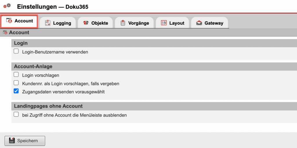 Screenshot der Einstellungsmaske „Doku365” im Reiter „Account”