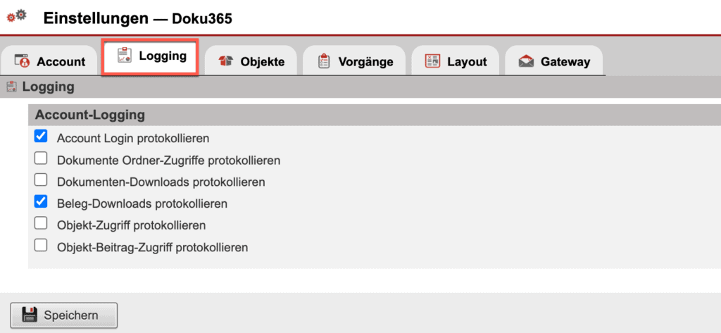 Screenshot der Maske zur Bearbeitung der Doku365 Einstellungen im Reiter „Logging”