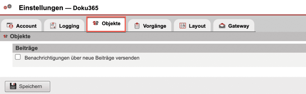 Screenshot der Doku365-Einstellungsmaske im Reiter „Objekte”