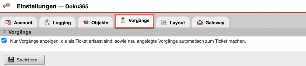 Screenshot des Einstellungsbereichs „Doku365” im Reiter „Vorgänge”