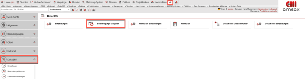 Screenshot des allgemeinen Einstellungsbereichs im Untermenüpunkt „Doku365” und markiertem Bereich „Berechtigungs-Gruppen”