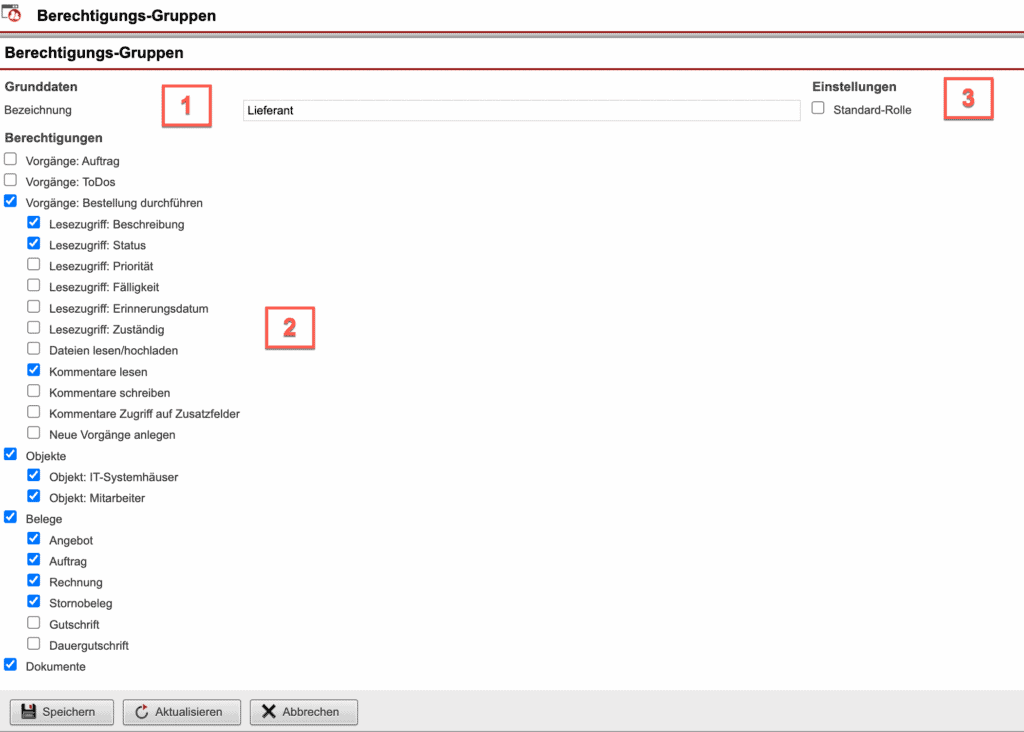 Screenshot der Anlagemaske einer „Berechtigungs-Gruppe“ mit verschiedenen numerischen Markierungen