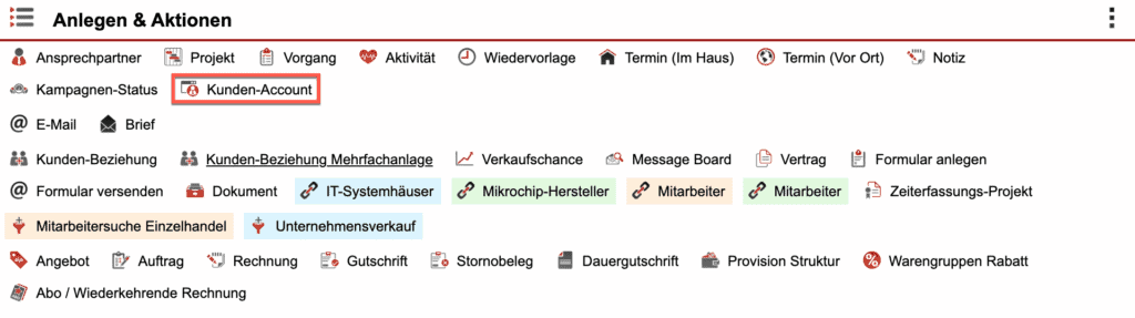 Screenshot des Bereichs „Anlegen & Aktionen” eines Kundendatensatzes