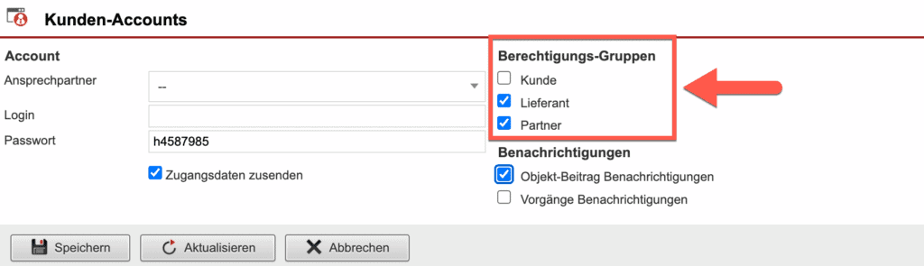 Screenshot bei Anlage eines Kunden-Accounts mit markiertem Bereich „Berechtigungs-Gruppen”