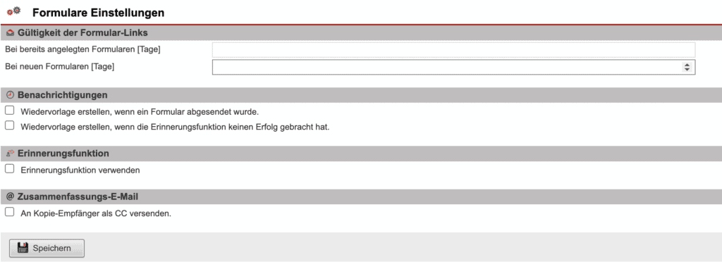 Screenshot des Einstellungsbereiches „Formulare Einstellungen”