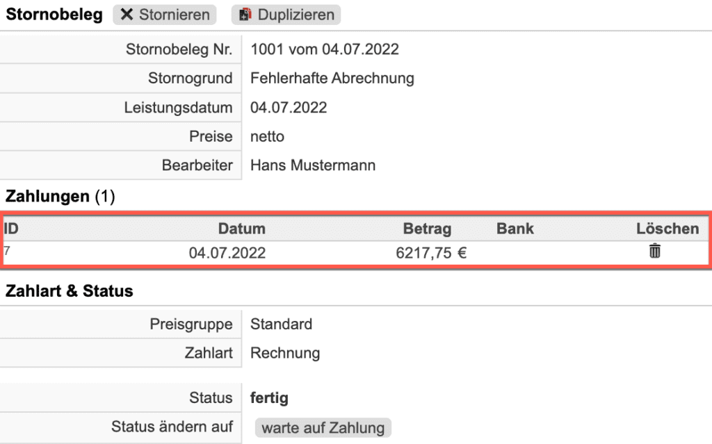 Screenshot der Bearbeitungsmaske eines Stornobelegs mit Markierung des Bereichs “Zahlungen”