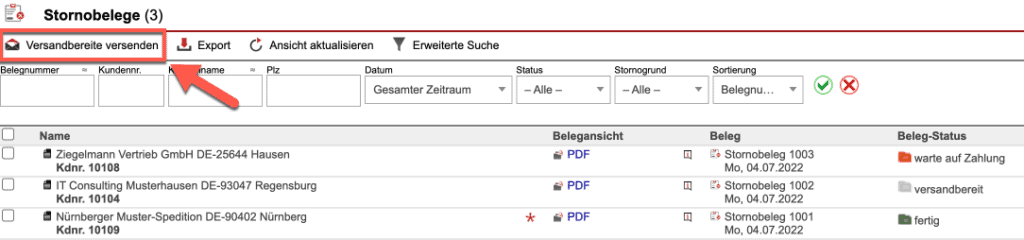 Screenshot der Stornobeleg-Übersicht mit markiertem „Versandbereite versenden“-Button