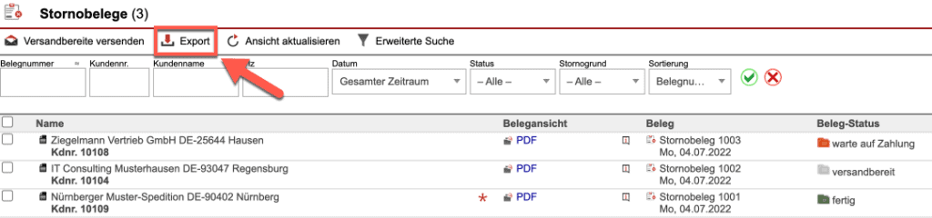 Screenshot der Übersichtsmaske „Stornobelege“ mit markiertem „Export“-Button