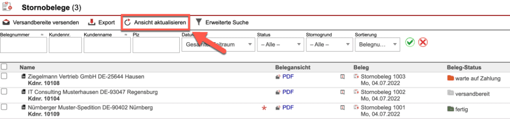 Screenshot der Übersicht aller Stornobelege mit markiertem „Ansicht aktualisieren“-Button