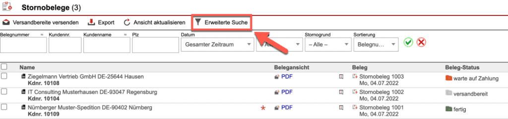 Screenshot der Belegübersicht mit markiertem „Erweiterte Suche“-Button