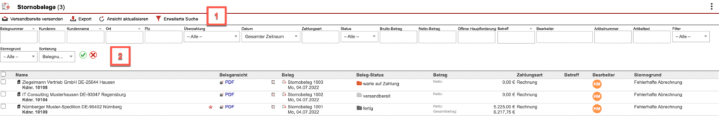Screenshot der erweiterten Suchleiste im Bereich „Stornobelege“ mit Markierung von zwei Bereichen