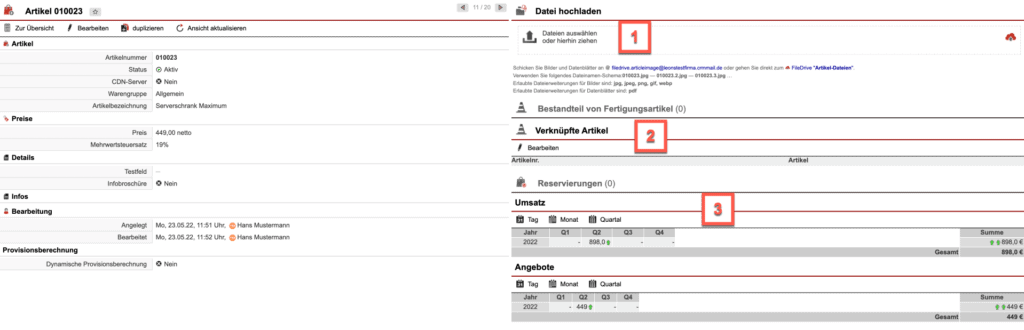 Screenshot der Übersichtsmaske eines Artikels mit verschiedenen numerischen Markierungen