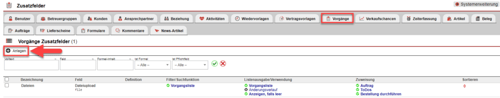 Screenshot der Ansicht des Untermenüpunktes „Zusatzfelder“ im Reiter „Vorgänge“ mit markiertem „Anlegen“-Button