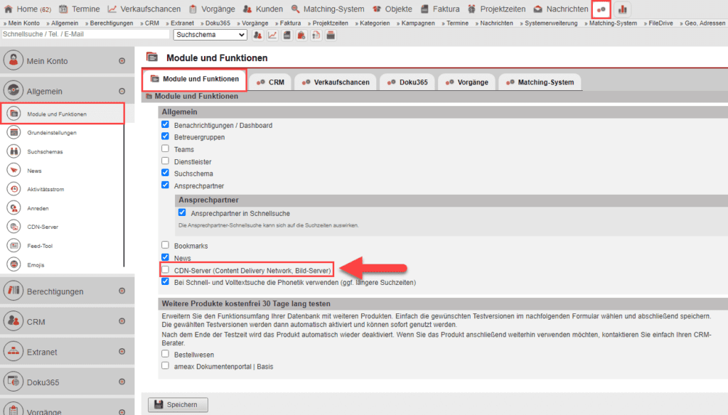 Screenshot des Inhalts des Untermenüpunkts „Module und Funktionen“ aus dem allgemeinen Einstellungsbereich mit Markierung der Checkbox „CDN-Server“