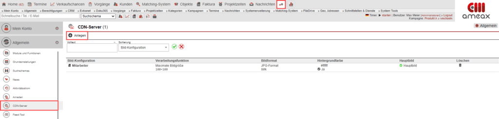 Screenshot des Inhalts der Seite „CDN-Server“ mit Markierung des „Anlegen“-Buttons