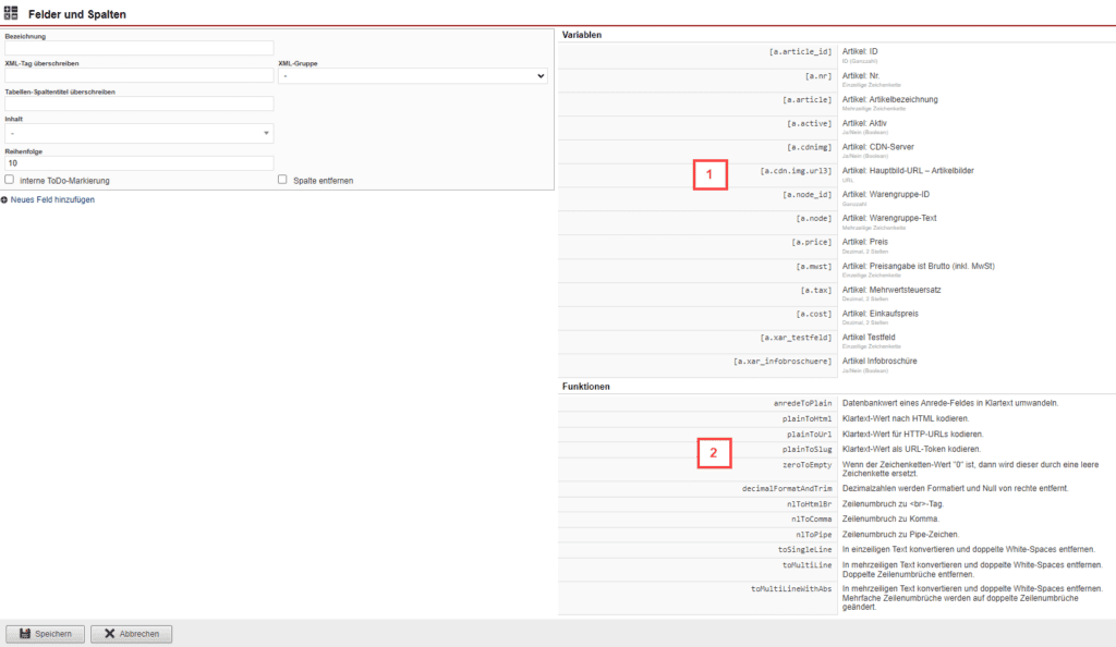 Screenshot des Abschnitts „Felder und Spalten“ der Feed-Bearbeitungsmaske mit hervorgehobenem Bereich „Variablen“ und „Funktionen“