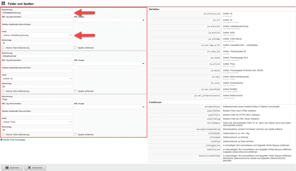 Screenshot des Abschnitts „Felder und Spalten“ der Feed-Bearbeitungsmaske bei Anlage eines neuen Felds