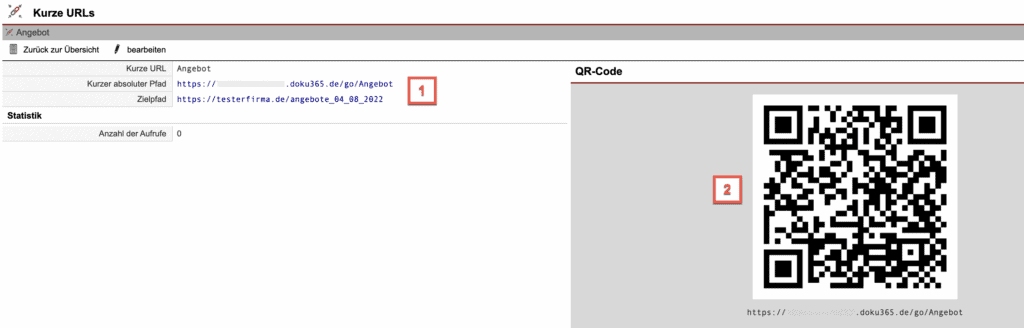 Screenshot der Übersichtsmaske einer kurzen URL mit verschiedenen numerischen Markierungen