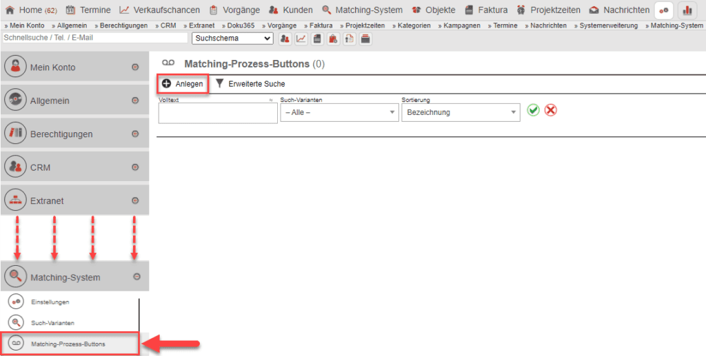 Screenshot aus dem Einstellungsbereich „Matching-Prozess-Buttons“