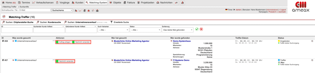 Screenshot der Ansicht „Matching-Treffer“ mit markierten „Matching-Prozess-Buttons“