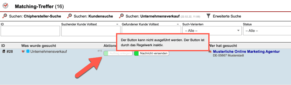 Screenshot der Ansicht „Matching-Treffer“ mit Maus-Overlay eines inaktiven Prozess-Buttons und markiertem Informationstext