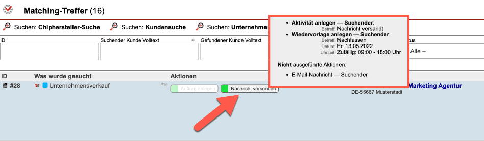 Screenshot der Ansicht „Matching-Treffer“ mit Maus-Overlay eines aktiven Prozess-Buttons und markiertem Informationstext