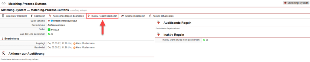 Screenshot der Ansicht eines Matching-Prozess-Buttons mit markiertem Button „Inaktiv-Regeln bearbeiten“