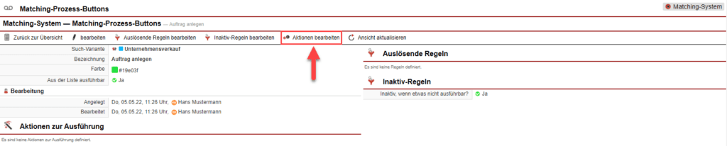 Screenshot der Ansicht eines Matching-Prozess-Buttons mit markiertem Button „Aktionen bearbeiten“