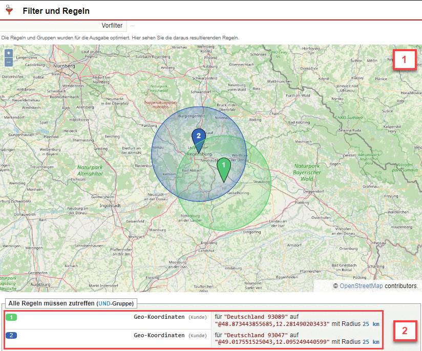 Screenshot einer in der Landkarte visualisierten Umkreissuche mit zwei verschiedenen Radien