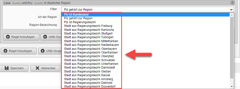 Screenshot der Ansicht einer „Land und PLZ in deutscher Region“-Regel mit geöffnetem Drop-Down-Menü „Filter“