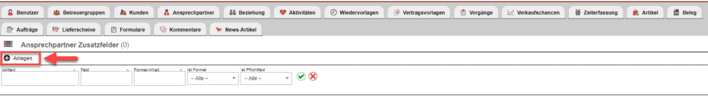 Screenshot der Übersichtsmaske aller „Ansprechpartner Zusatzfelder“ mit markiertem „Anlegen“-Button.