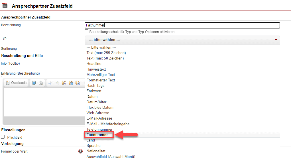 Screenshot der Bearbeitungsmaske mit geöffnetem Drop-Down-Menü und markierter Auswahloption „Faxnummer“